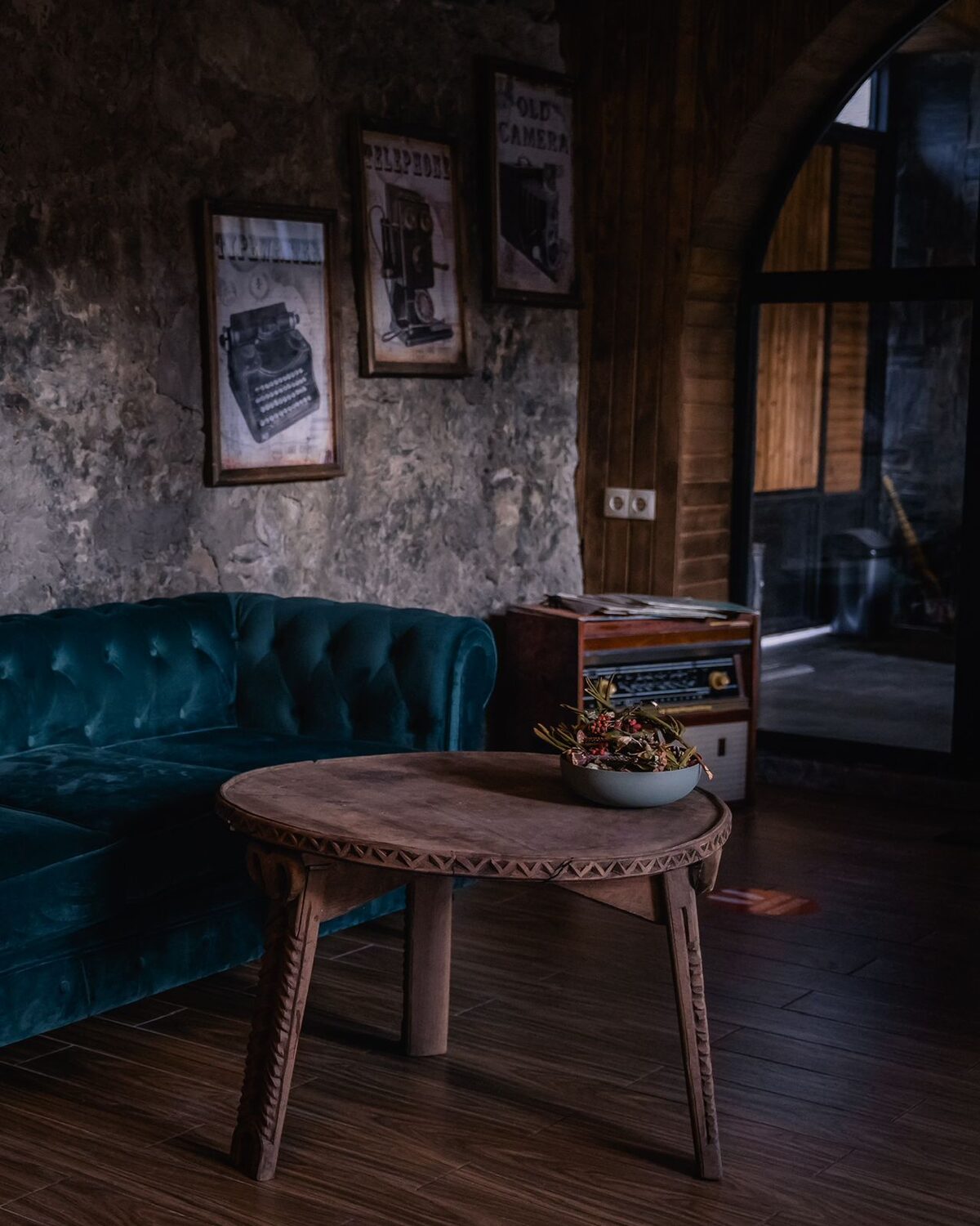 Cosy lounge with stone walls