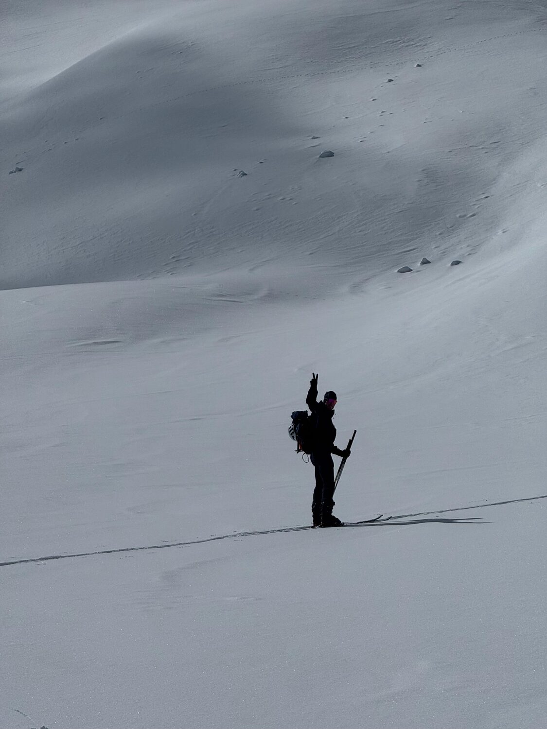A lone rider on a vast snowfield